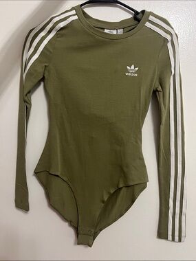 adidas Olive Green Long Sleeve Bodysuit with White Stripes
